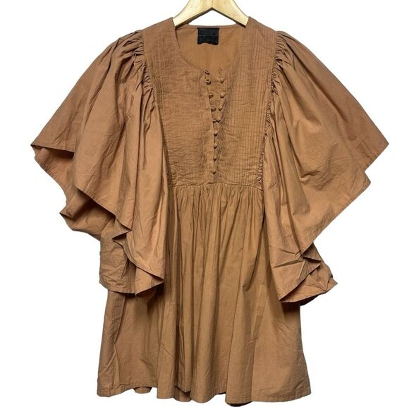 Hotel Particulier Billowy Sleeves Bohemian Chic Cotton Mini Camel-Brown Dress S - Picture 2 of 10